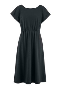 Schwarzes, knielanges Kleid aus weichem Baumwollstoff. Hat einen runden Ausschnitt, kurze Ärmel und einen elastischen Bund für eine lockere Passform.