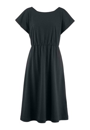 Schwarzes, knielanges Kleid aus weichem Baumwollstoff. Hat einen runden Ausschnitt, kurze Ärmel und einen elastischen Bund für eine lockere Passform.