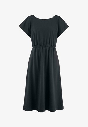 Schwarzes, knielanges Kleid aus weichem Baumwollstoff. Hat einen runden Ausschnitt, kurze Ärmel und einen elastischen Bund für eine lockere Passform.