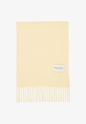 Gelb gestreifte Schal aus weichem Stoff, mit fransigen Kanten und einem kleinen Markenlabel in der unteren Ecke.