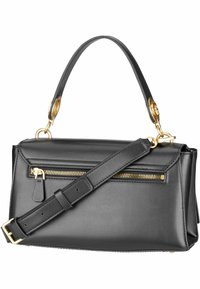 La borsa a mano in pelle nera presenta una maniglia superiore, una tracolla removibile e una tasca con zip in tonalità dorata nella parte anteriore. Tessuto liscio e forma strutturata.