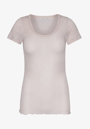 Tricou scurt cu mânecă scurtă de culoare roz deschis, cu un guler rotund. Textură moale, design ajustat și detaliu ondulat la marginea de jos.