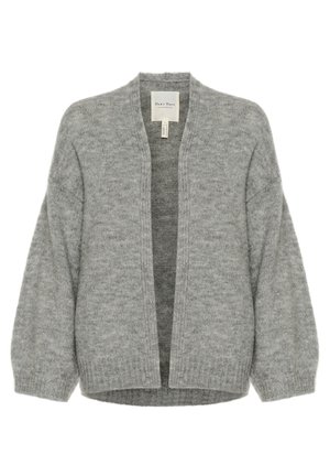 Light gray cardigan made of soft, textured fabric with a shawl collar, open front, and balloon sleeves. Ribbed cuffs and hem detail.