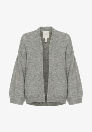 Cardigan grigio chiaro realizzato in un morbido tessuto testurizzato, con collo a scialle, apertura frontale e maniche a palloncino. Dettagli con polsini e orlo a costine.