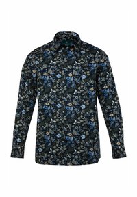 Camisa de manga larga con fondo negro y patrones florales en azul, verde y crema, cuello abotonado y dobladillo recto.