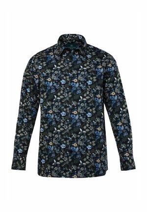 Chemise à manches longues avec un fond noir et des motifs floraux bleu, vert et crème, col avec boutons et ourlet droit.