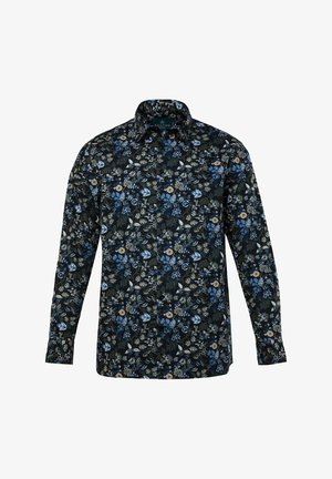 Camicia a maniche lunghe con sfondo nero e motivi floreali blu, verdi e crema, colletto button-down e orlo dritto.