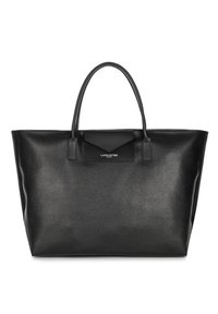 Borsa tote in pelle nera con finitura texturizzata, doppio manico superiore e una piccola tasca frontale. Presenta un branding sottile sul davanti.