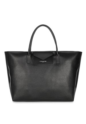 Black leather tote bag with a textured finish, dual top handles, and a small front pocket. Features subtle branding on the front.