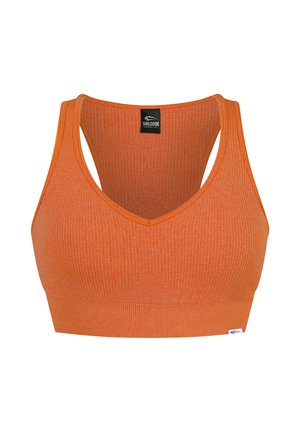 Reggiseno sportivo arancione a coste con scollatura ampia, design a racerback e una piccola etichetta con logo. Materiale morbido e elasticizzato per migliorare comfort e vestibilità.