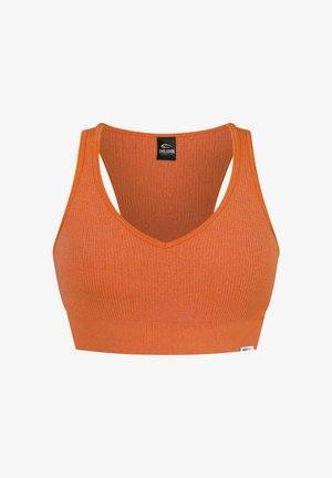 Reggiseno sportivo arancione a coste con scollatura ampia, design a racerback e una piccola etichetta con logo. Materiale morbido e elasticizzato per migliorare comfort e vestibilità.
