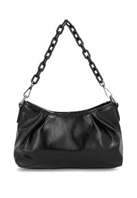 Black leather handbag with a pleated design, featuring a chunky chain strap and silver hardware accents. Smooth texture with a shiny finish.
