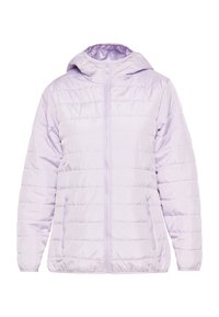 Jachetă puffer de culoare mov deschis, cu glugă, închidere cu fermoar și două buzunare laterale. Dispune de un design matlasat orizontal și o textură netedă, lucioasă.
