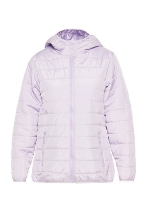 Chaqueta de plumas de color púrpura claro con capucha, cierre de cremallera y dos bolsillos laterales. Presenta un diseño de acolchado horizontal y una textura lisa y brillante.