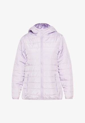 Světle fialová prošívaná bunda s kapucí, zipovým zapínáním a dvěma bočními kapsami. Disponuje vodorovným prošíváním a hladkým, lesklým povrchem.