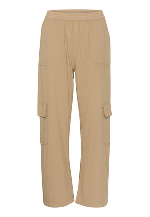 Pantalons cargo beiges avec une taille élastique, des poches latérales et une coupe décontractée. Fabriqués en tissu léger et texturé.
