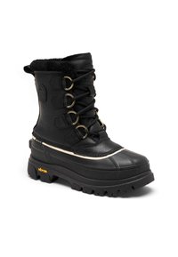 Svart vattentät vinterkänga, med läder- och gummimaterial, snörning, pälsklädd insida och kraftig Vibram-sula.