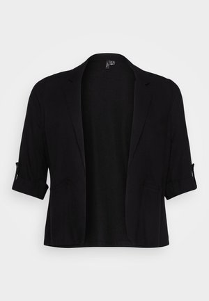 Blazer noir en tissu doux, avec un col châle, des manches retroussées, deux poches avant et un design à l'avant ouvert.