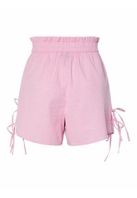 Rožinės gingham šortai su elastingu juosmeniu, šoninėmis raištelėmis ir laisvu siluetu. Audinyje yra mažų kvadratėlių raštas.