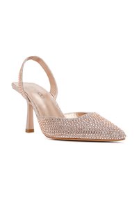 Rosenvergoldete Slingback-Pumps mit spitzem Zehenbereich, verziert mit klaren Strasssteinen, verfügen über einen schlanken Absatz und ein glattes Lederinnere.