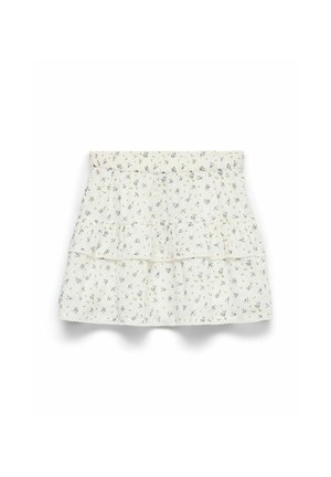 Witte gelaagde minirok met kleine blauw-gele bloemenprint en elastische tailleband.