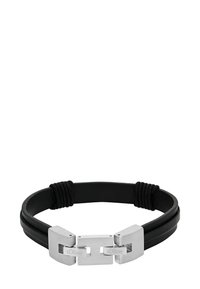 Pulsera de cuero negro con dos bandas planas, que presenta un cierre metálico plateado con un diseño geométrico y acentos de cuerda negra texturizada.