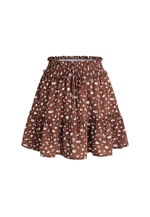 Brown floral skirt with smocked waistband, drawstring tie, and ruffled hem, featuring small white and yellow flower patterns.