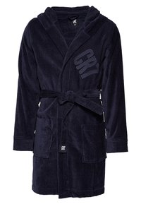 Navyblauer Bademantel aus weichem Frottee, mit Kapuze, Gürtel, zwei Fronttaschen und einem dezenten CR7-Logo auf der Brust.