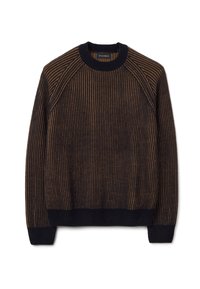 Gestrickter Pullover mit horizontalen Streifen in Dunkelblau und Braun. Verfügt über einen gerippten Halsausschnitt und Bündchen sowie ein leger geschnittenes Design.