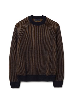 Maglione lavorato a maglia con strisce orizzontali in blu scuro e marrone. Presenta una scollatura e polsini a costine e un design a vestibilità comoda.