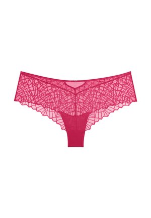Pink lace hipster briefs featuring a geometric pattern with a scalloped edge, soft lining, and a mid-rise design.