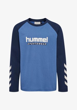 Blaues Langarmhemd mit Raglan-Ärmeln in Marineblau, mit weißem "hummel"-Logo und Chevron-Akzenten an den Ärmeln. Glattes Baumwollmaterial.