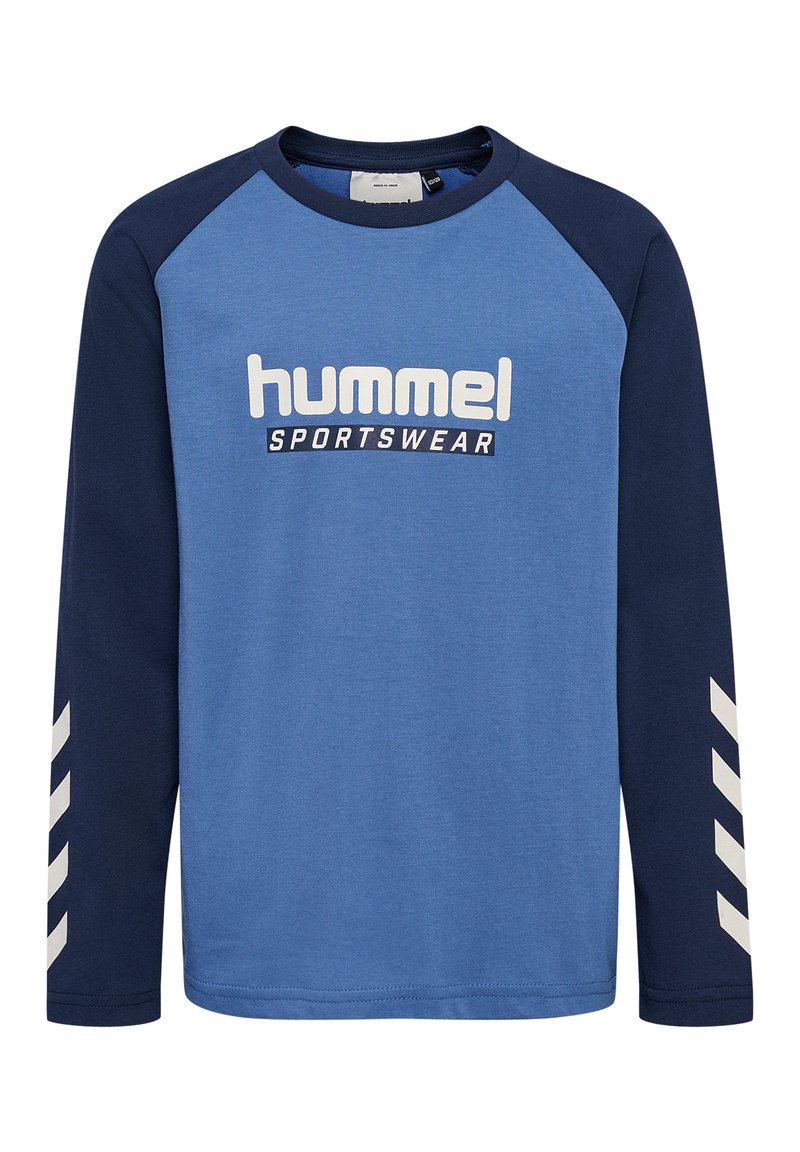 Blaues Langarmhemd mit Raglan-Ärmeln in Marineblau, mit weißem "hummel"-Logo und Chevron-Akzenten an den Ärmeln. Glattes Baumwollmaterial.
