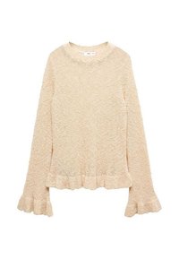 Sweter z dzianiny w jasnym beżu o teksturowanym wykończeniu. Posiada okrągły dekolt oraz falbany na mankietach. Lekki i lekko skrócony w dolnej części.