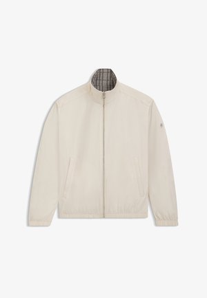 Light beige jacket with a stand collar, front zipper, two side pockets, and elastic cuffs. Interior features a checkered pattern.