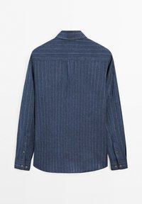 Blue long-sleeve shirt with thin white vertical stripes, buttoned cuffs, and a plain collar, shown from the back on a white background.
