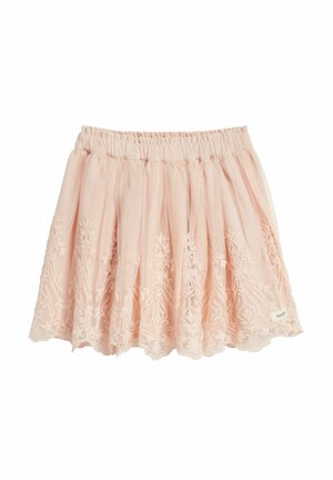 Lichtroze gelaagde rok met elastische tailleband en bloemenkantborduursel langs de zoom.