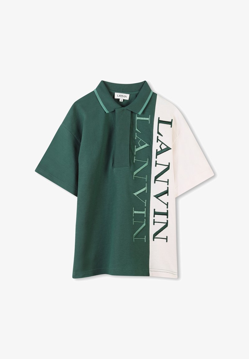 Polo shirt in dark green and cream, featuring a split design with "LANVIN" embroidered in vertical script on the green side. Short sleeves.