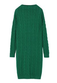 Abito maglia a coste verde con maniche lunghe e scollo a giro, mostrato da dietro.