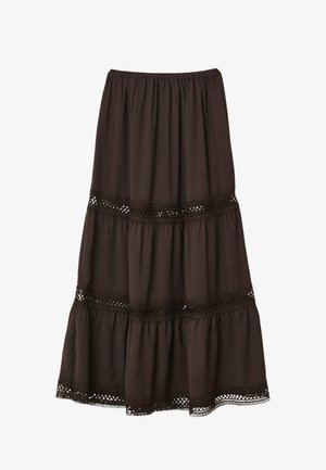Gonna a balze marrone scuro con vita elastica e inserti orizzontali in pizzo che creano un motivo decorativo sul tessuto.