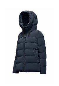 Donkerblauwe gewatteerde jas met een hoge kraag en capuchon, met een ritssluiting aan de voorkant en gestructureerde delen voor isolatie.