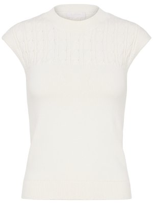 Λευκό πλεκτό γιλέκο χωρίς μανίκια με σχέδιο πλεξούδα στο πάνω μέρος του στήθους και ριμπ τελείωμα στη μέση και στο ντεκολτέ.