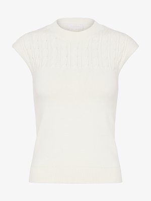 Λευκό πλεκτό γιλέκο χωρίς μανίκια με σχέδιο πλεξούδα στο πάνω μέρος του στήθους και ριμπ τελείωμα στη μέση και στο ντεκολτέ.