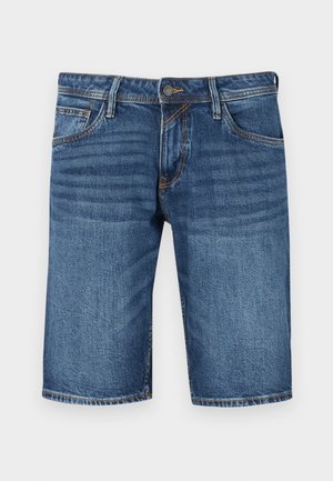 Dunkelblaue Denim-Bermuda-Shorts mit geradem Schnitt, Fünf-Taschen-Design und Kontrastnähten. Knopf- und Reißverschluss am Bund.