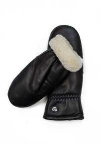 Schwarze Lederhandschuhe, gefüttert mit cremefarbenem Kunstpelz, mit einer gesteppten Manschette und einem metallischen Akzent im Handgelenksbereich. Glatte Textur.