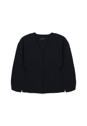 Gilet noir avec un col en V, des manches longues et une fermeture à boutons devant. Fabriqué en matériau tricoté doux avec une coupe décontractée.