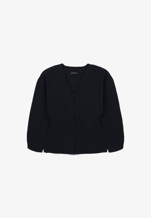 Cardigan nero con scollo a V, maniche lunghe e chiusura frontale con bottoni. Realizzato in morbido materiale a maglia con una vestibilità comoda.