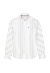 Camisa blanca de manga larga con rayas verticales azules, cuello abotonado, bolsillo en el pecho y una pequeña etiqueta de la marca en el frente.