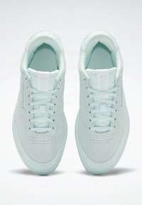 Jasno miętowe trampki z zamszowej cholewki, płaskim sznurowaniem, perforowanym noskiem oraz wyściełanym kołnierzem. Posiadają minimalistyczne logo na języku.