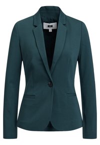 Teal sako s klopovými límci, jedním předním knoflíkem, dvěma bočními kapsami a hladkou texturou látky. Viditelná podšívka.